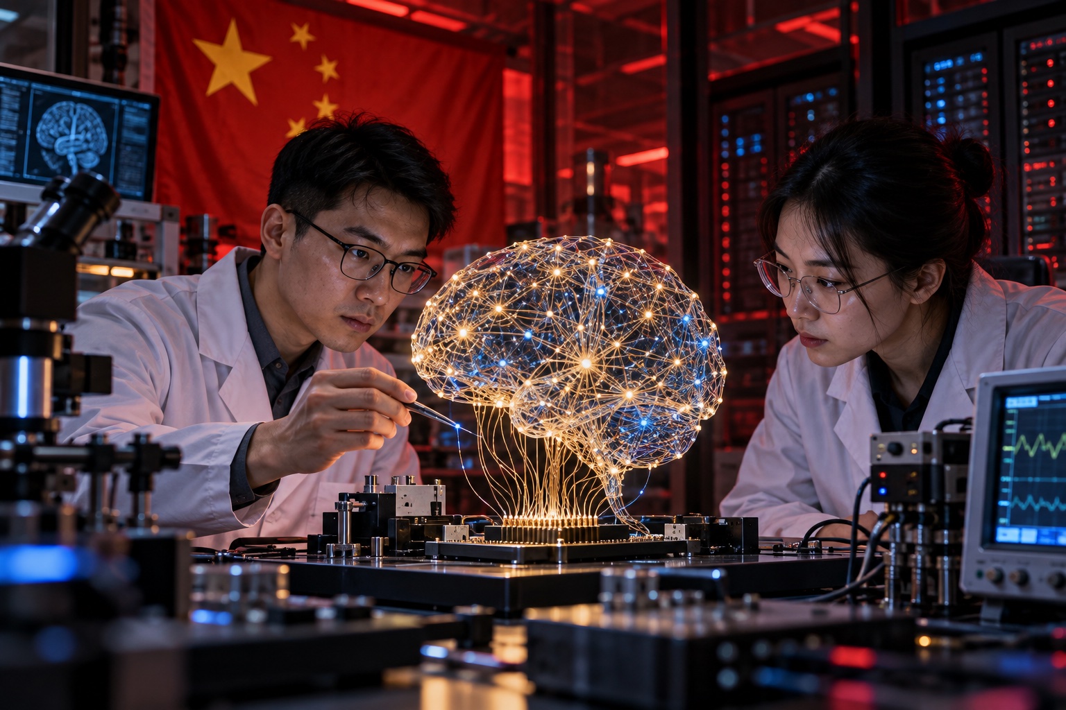 Concept illustration of researchers examining a brain-inspired computing model.